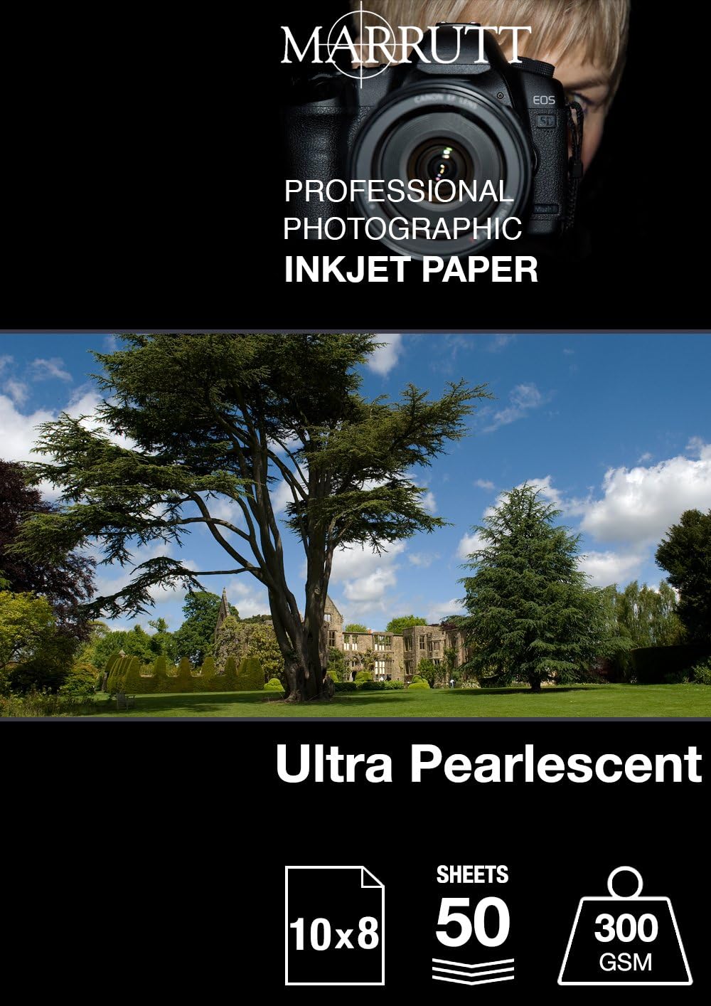 Marrutt 300gsm Ultra Pearlescent Hi-White Inkjet Photo Paper (10" x 8" - 50 Sheets), White,Black