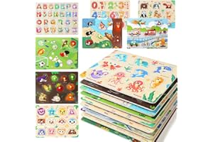 GR GRINNNIE GRINNNIE 9 Pack Montessori Toddler Puzzle for 3 4 5 Years Old, Wooden Learning Puzzle for Toddlers 3-5, Animal, Alphabet, Number, Shape Peg Puzzles Set, Great Birthday for Boys Girls