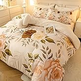 LEPMAN Floral Print Sherpa Comforter Set - Twin Size 2 Pieces Elegant Flowers Botanical Bedding Set Warm Cozy Beige 1 Quilt with 1 Pillowcase, 68x90 in