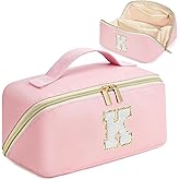 for Valentines Day Gifts, Makeup Bag for Women, PU Leather Travel Toiletry Bags, Initial Make Up Cosmetic Pouch for Teen Girls, Wide Open Portable Skincare Bag, Personalized Birthday Gifts, Pink K