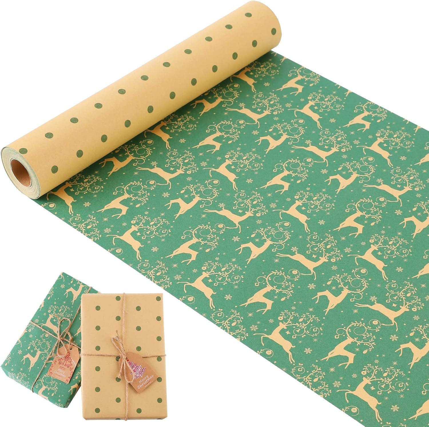 Christmas Wrapping Paper Roll – 15m x 44cm Large Recyclable Kraft Gift Wrap – Double Sided Design (Green Reindeer & Polka Dots) – Eco Friendly, Heavy Duty 80gsm Sustainable Paper for Xmas & Crafts