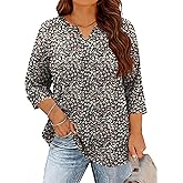 TFSDOD Plus Size Tops for Women V Neck T Shirt 3/4 Length Sleeve Blouse Dressy Casual Tee Loose Fit XL-5X