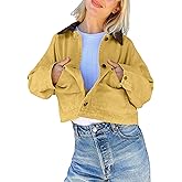 APAFES Women's Cropped Barn Jacket Corduroy Collar Button Down Long Sleeve Short Coat with Pockets