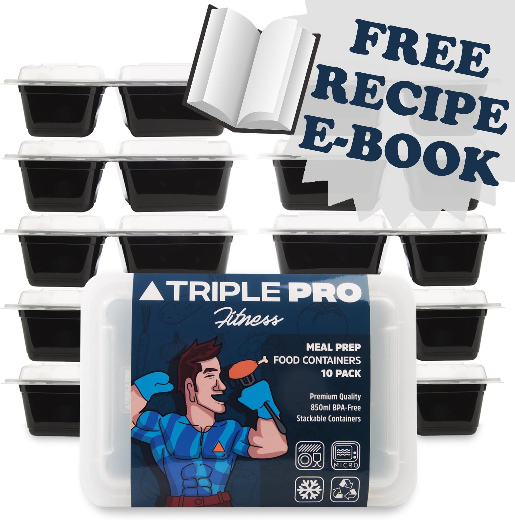 *NEW* PREMIUM QUALITY BPA FREE MEAL PREP FOOD CONTAINERS – [10 PACK 2 COMPARTMENT] Microwave, Dishwasher, Freezer Safe. Your Portion Control Assistant. Airtight Lids - [850ml] - Triple Pro® Fitness