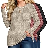 Velvelhall 3 Pack Women's Plus Size Tunic Sweaters Ribbed Long Sleeve Slim Fit Shirts Crewneck Pullover Casual Tops