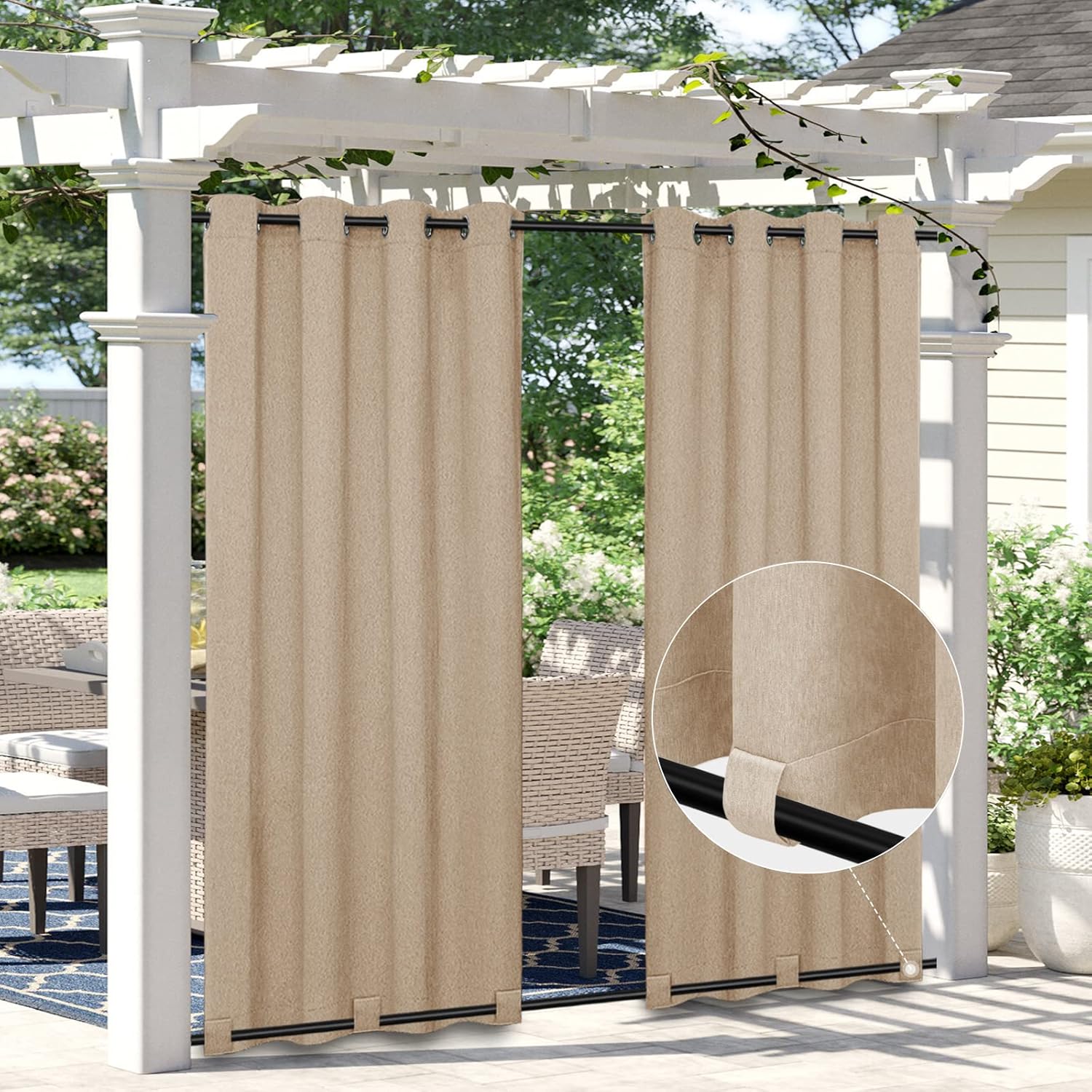 Outdoor Curtains - Easy-Going Linen Look Outdoor Curtains Waterproof Windproof Porch Curtains, Soft Thicken Outdoor Privacy Curtains for Patio, Gazebo, Grommet Top and Tab Bottom Drape, 1 Panel, 54x96 inch, Beige