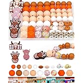 112PCS FIVEIZERO 12mm 15mm Cow Focal Silicone Beads for Keychain Making, Round, Lentil, Hexagonal, Print, 10mm Rhinestone Rondelle Spacers Beads for Bracelet, Pens, Necklace Crafts(Pink Orange)