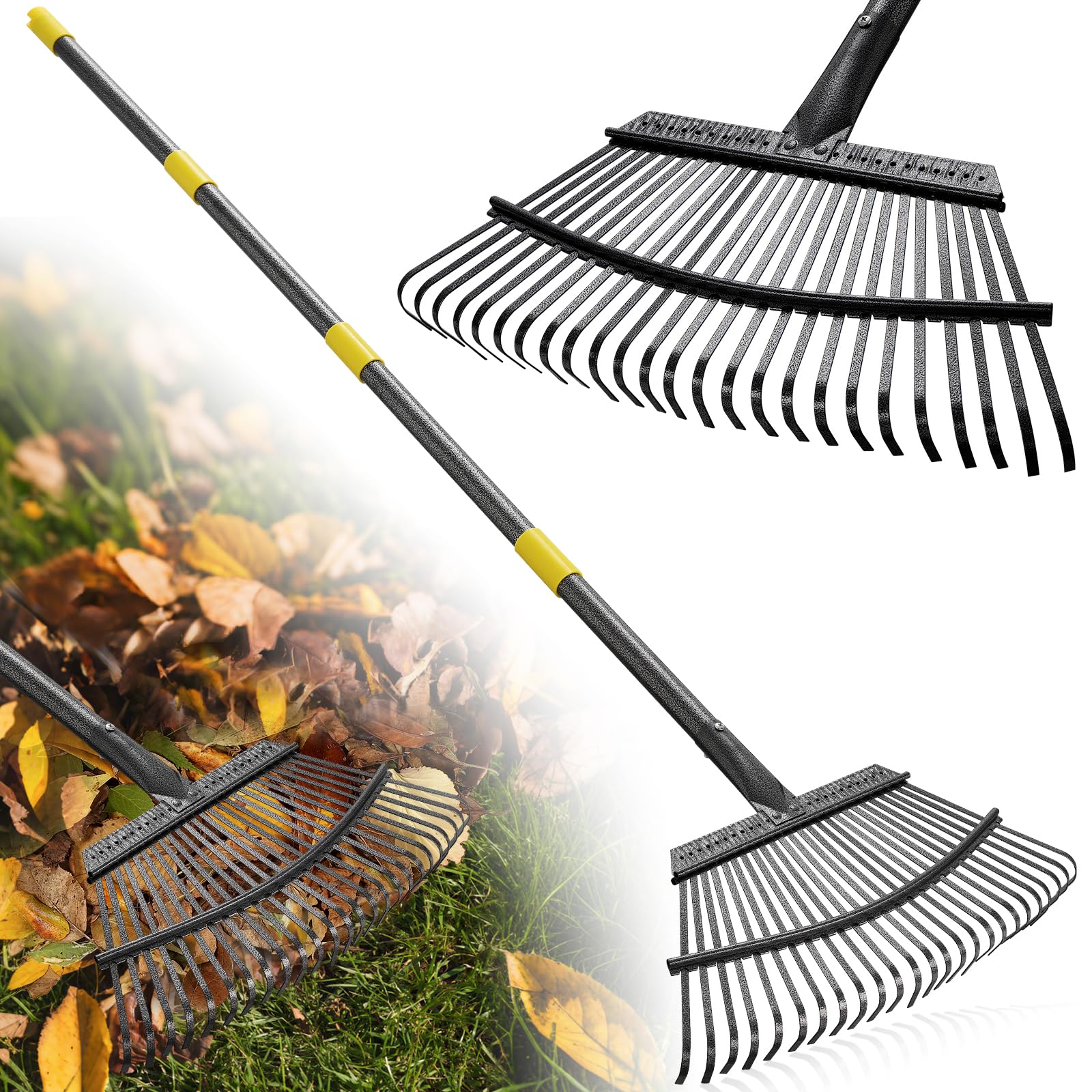 Photo 1 of Garden Rake for Leaves: 18” Wide Metal Leaf Rake, 65” Long Adjustable Handle, Heavy Duty 25 Teeth, Fast Kids Women Large Lawn Yard Garden Leaf Cleanup Gardening Rakes: Grass,Debris,Pine Needles Pick
