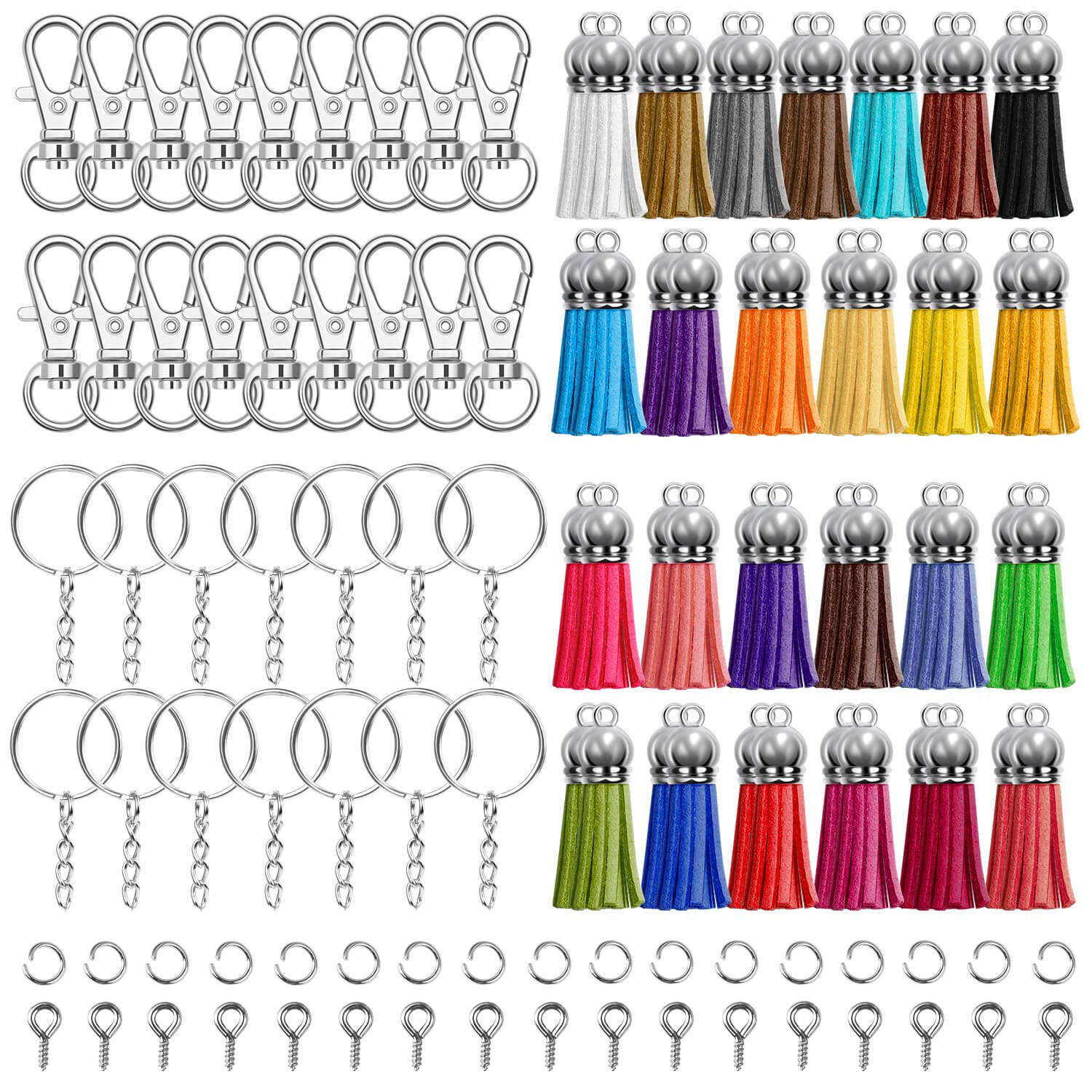 Cridoz 300pcs Tassels and Keychain Set with Ring Clips, Jump Rings, and Screw Eye Pins for Acrylic Blank Crafts