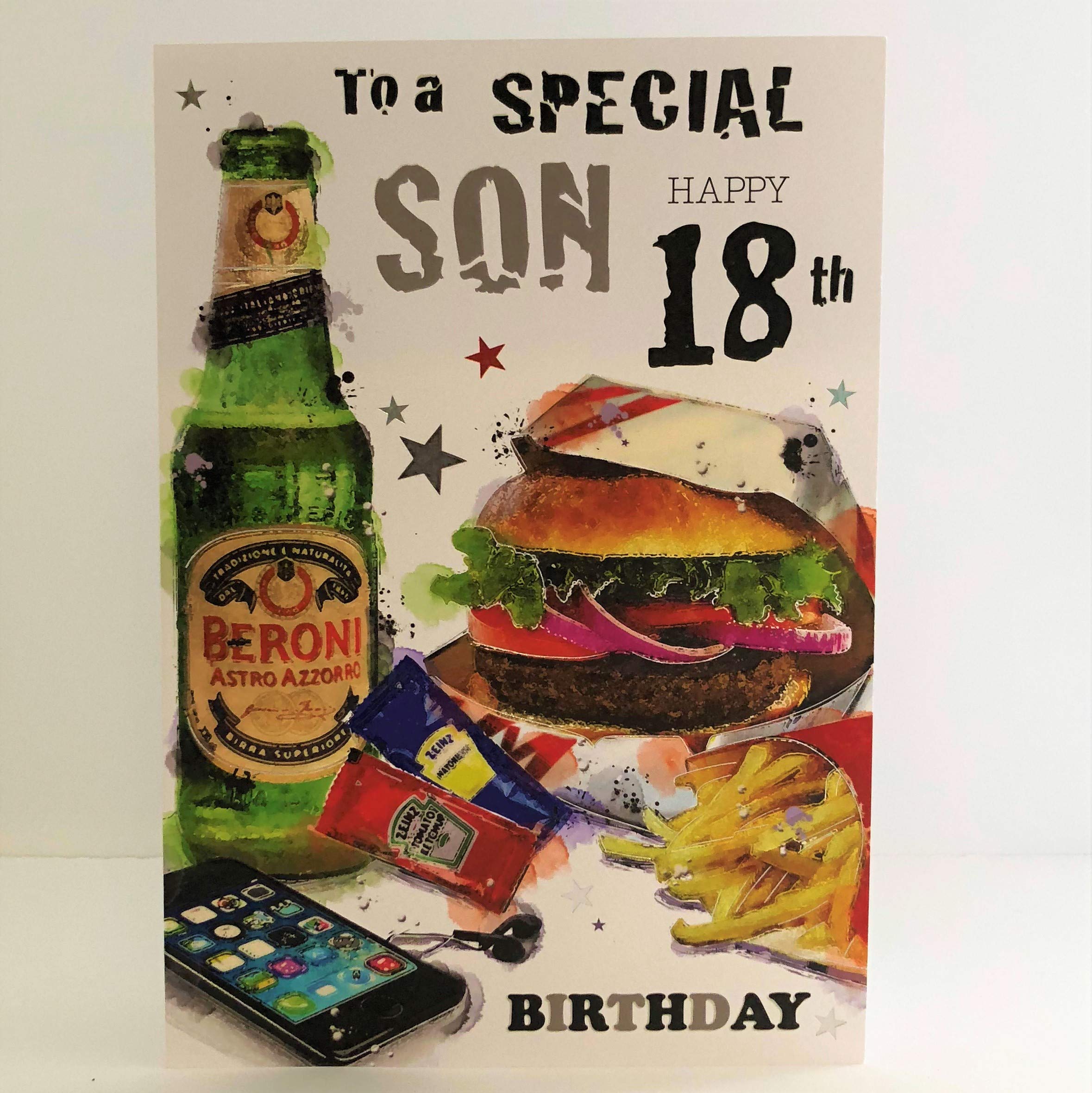 Jonny Javelin Happy Birthday Son Age 18 18th Birthday Card - Burger Chips Phone