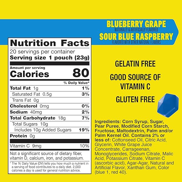 GUSHERS FRUIT FLAVORED SNACKS, BLUEBERRY GRAPE, SOUR BLUE RASPBERRY, 20 POUCHES, FAMILY PACK, 16 OZ