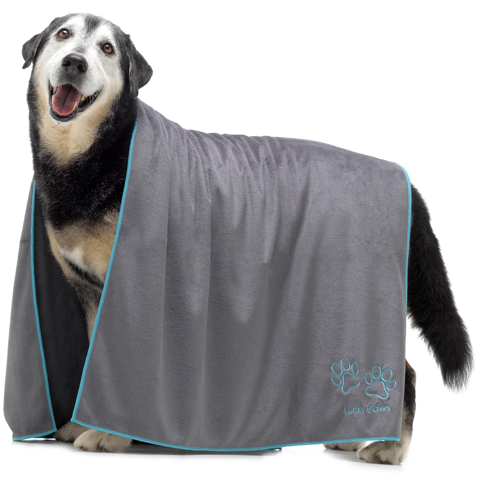 Lucky Paws® UK Dog Towel – Extra Large 140x70cm Dog Towels – Super Absorbent, Luxuriously Soft, Fast Drying Dog Towels for Drying Dogs – Premium Microfibre Dog Towel (Pack of 1, Grey/Turquoise)