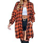 Blooming Jelly Women's Button Down Flannel Shirts Plaid Shacket Long Sleeve Collared Long Jacket Coats