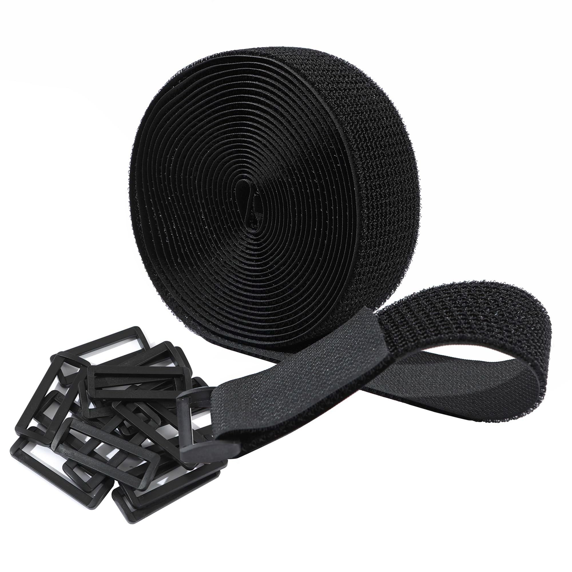 5cm x 5m Hook and Loop Securing Straps with 15 Buckles, Free Cut Length | Easy to use | Adjustable | Reusable Fastening Cable Ties, 5cm Wide Cinch Strap for Wire, Cord Wraps, Cable Management- Black
