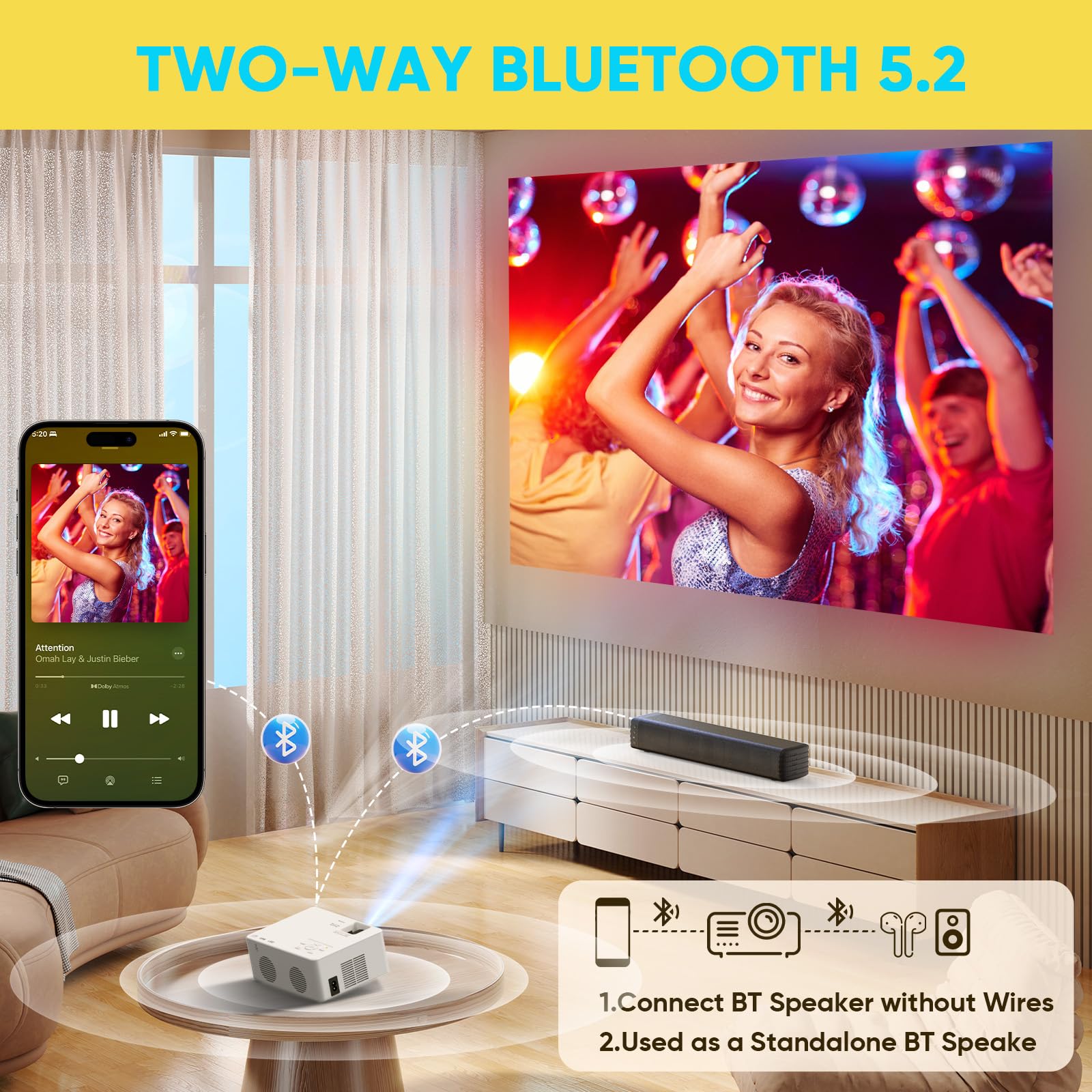 Puxinat Beamer, Mini Beamer Bluetooth5.2 Full HD 1080P Tragbarer Outdoor/Heimkino Projektor, 50% Zoom 200-Zoll-Display, Kompatibel mit TV Stick/HDMI/Smartphone/Spielkonsole/USB [Inkl. Fernbedienung]