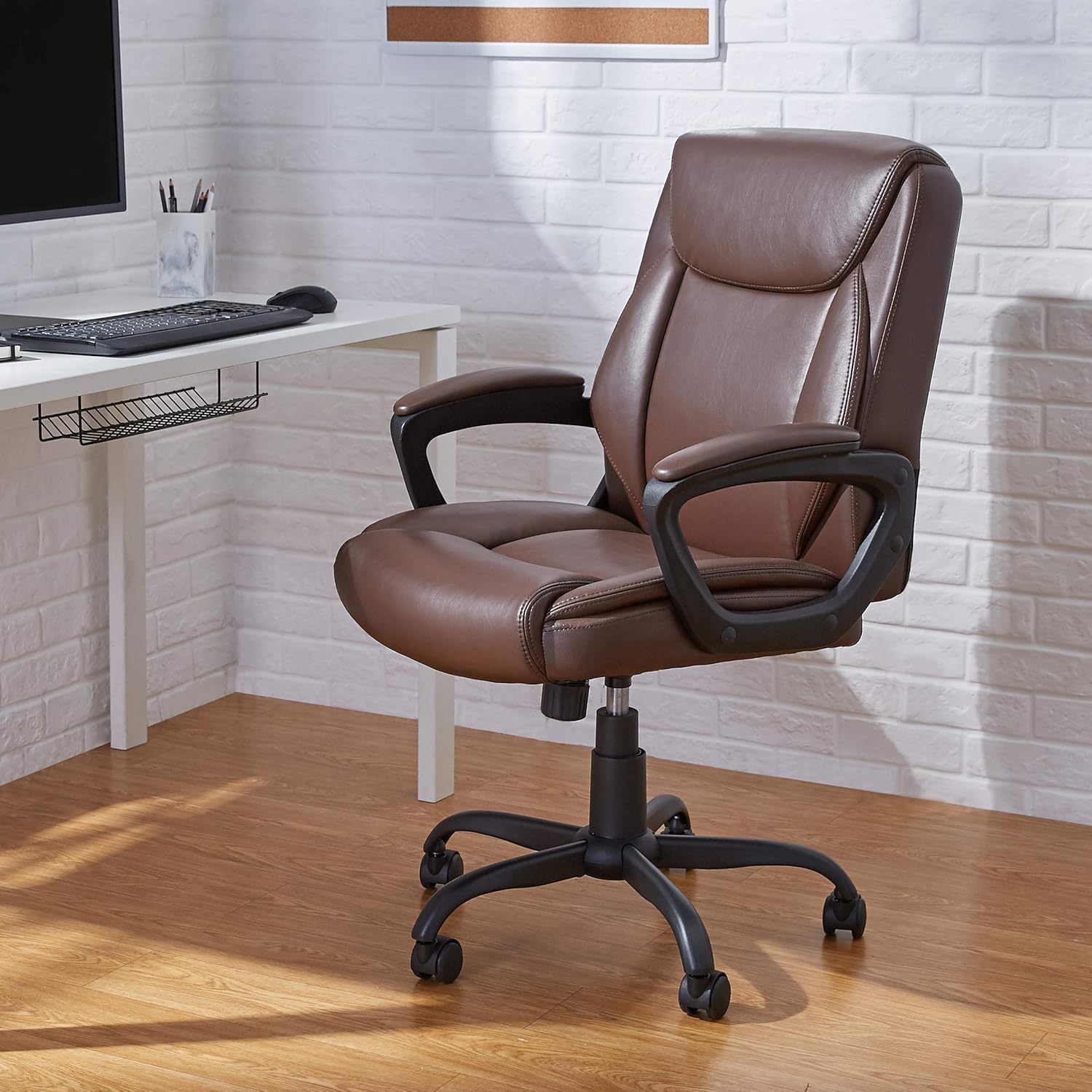 Basics Classic Puresoft PU-Padded Mid-Back Office Computer Desk Chair with Armrest - Brown: Furniture & Decor