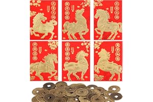 36pcs Chinese New Year Red Envelopes with 50pcs Feng Shui Coins, 2026 Horse Chinese Red Pocket Lucky Money Envelopes for Spri