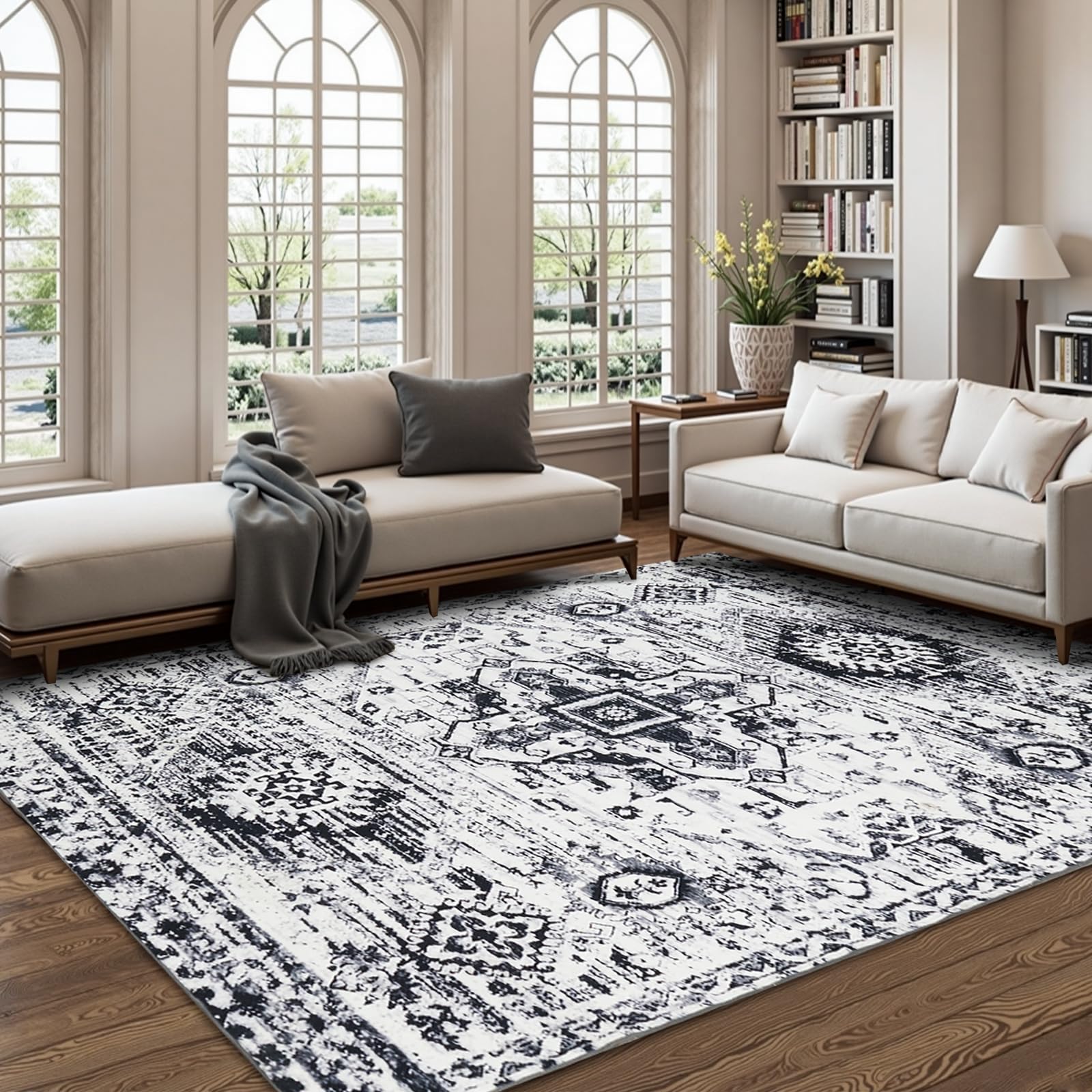 Photo 1 of Soft 4x6 Area Rugs for Living Room Bedroom, Washable Foldable Vintage Floral Area Rug, Non-Slip Low Pile Pet & Kid Friendly Rug, Ultra-Thin Accent Indoor Floor Carpet for Kitchen Dining Office Black