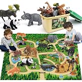 FRUSE Safari Animals Figures Toys with 57&rdquo;x38.5&rdquo; Play Mat for Toddlers 3-5 | 12 PCS Jungle Wild Zoo Animals Figurines, Storage Box, Tiger, Lion, Elephant, Toddler Learning Toys, Gifts for Kids 3 4 5 6 7