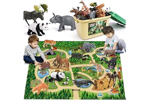 FRUSE Safari Animals Figures Toys w/ 57”x38.5”Jumbo Play Mat,12PCS Realistic Jungle Wild Zoo Animals Figurines Playset with Panda,Lion,Elephant,Educational Learning Toys for Toddlers Kids