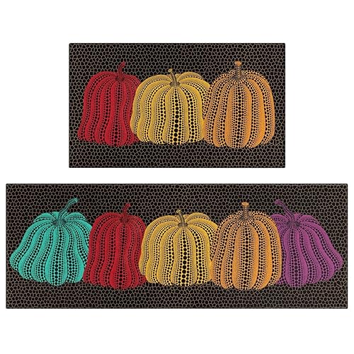 Xsinufn Fall Halloween Thanksgiving Kitchen Rugs Set of 2,Polka Dot Pumpkins Farmhouse Floor Mats and Rugs Non Skid Washable for Autumn Kitchen Home Decor (17"x47"+17"x30")