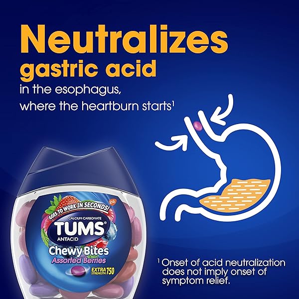 TUMS CHEWY BITES ANTACID TABLETS FOR CHEWABLE HEARTBURN & ACID INDIGESTION RELIEF, ASSORTED BERRIES, 32 COUNT