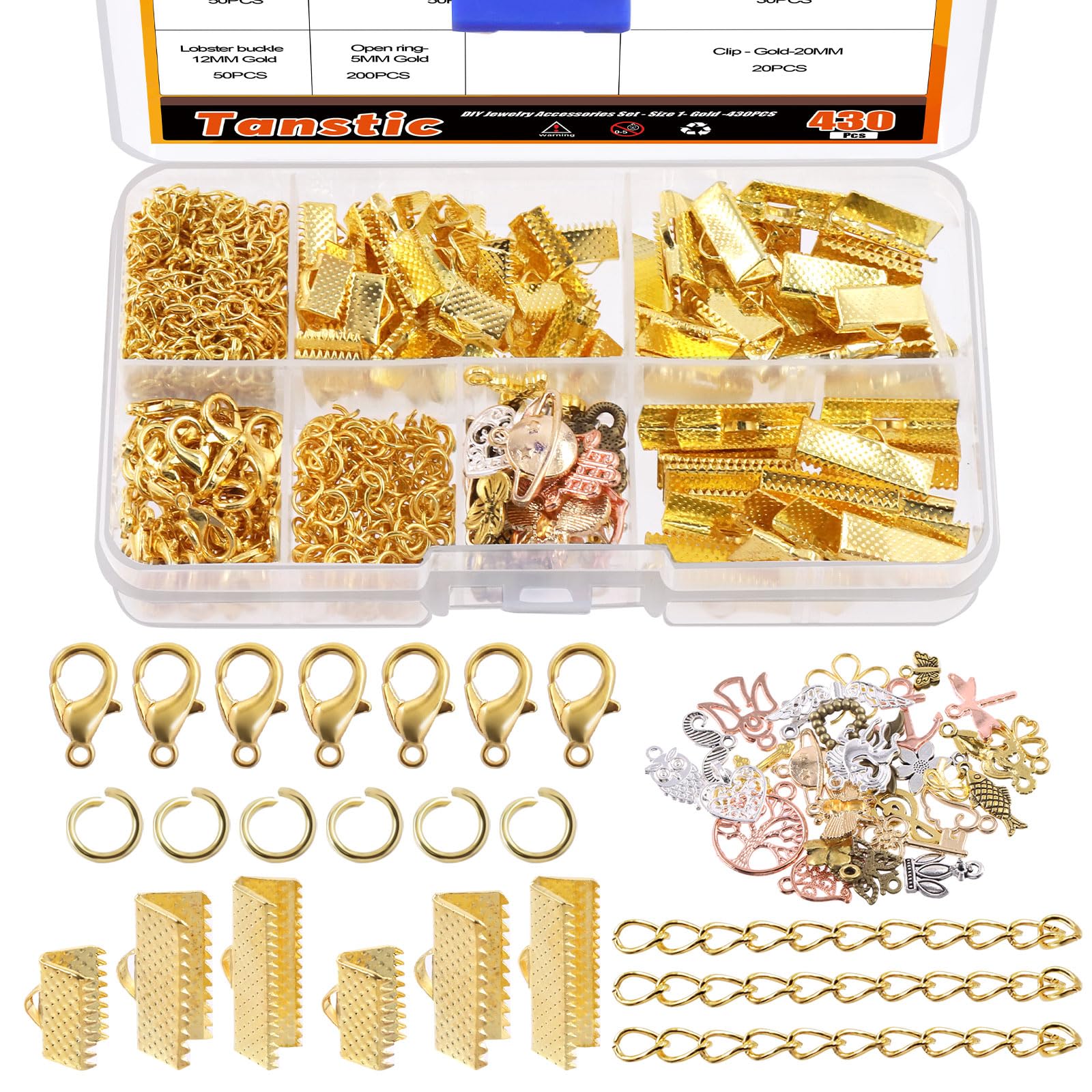Tanstic 430Pcs Gold Ribbon Ends Fastener Clasps Kit, Bookmark Pinch Crimp Ends with Open Jump Rings, Lobster Claw Clasps, Chain Extenders and Pendant Charms for DIY Crafts