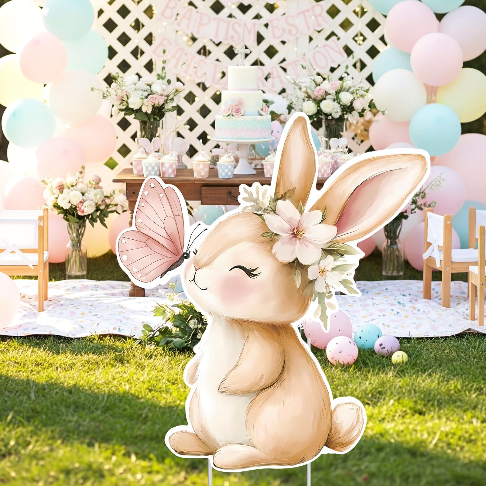 Photo 1 of **MISSIG PARTS**
Faccito Bunny Baby Shower Decorations 32 x 28 Inch Spring Easter Bunny Backdrop Cutout Easter Yard Sign with Stakes Outdoor for Birthday Gender Reveal Party Decor