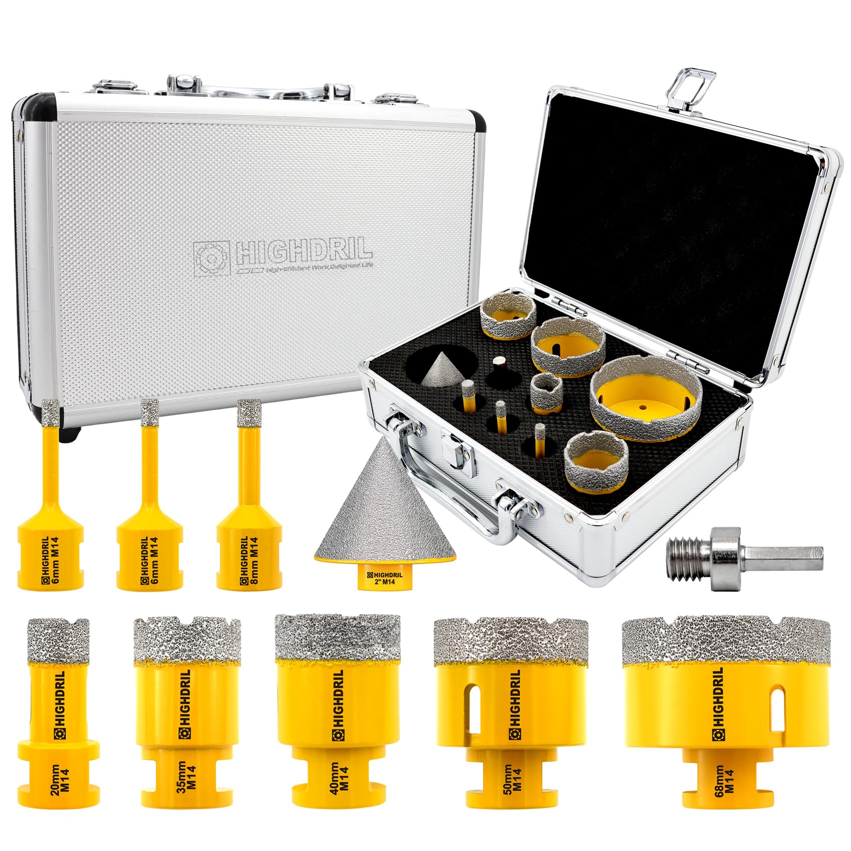 HIGHDRIL Diamond Hole Saw Kit - 6/6/8/20/35/40/50/68mm Drill Bits+50mm Chamfer Bit+Adapter,10Pcs Diamond Core Drill Bit Set for Porcelain Ceramic Tile Granite Marble