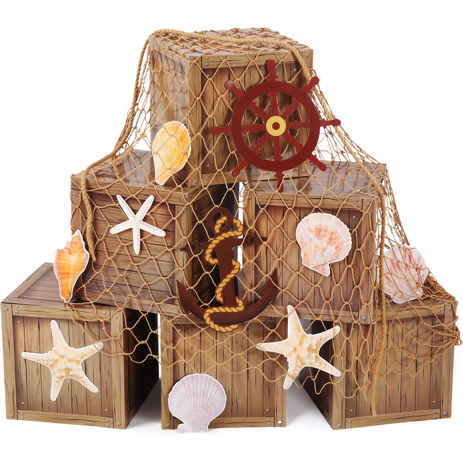Photo 1 of 18 Pcs Pirate Party Decorations Imitation Wooden Box Fishing Net Car Trunk or Treat Decor Ocean or Pirate Party Favors Adventure Birthday Photo Booth Props(Wood)