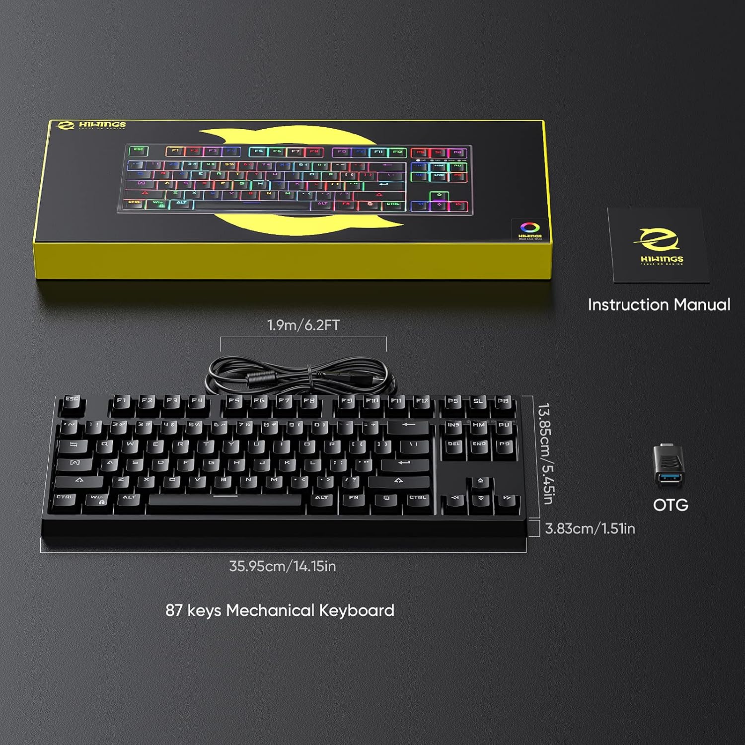 New Version TKL Compact Mechanical Gaming Keyboard, Hiwings HI100 RGB LED Rainbow Backlit 80% 87 Keys Keyboard with Blue Switches,Compatible Windows, Mac with Type C Adapter (Extra OTG): Computers & Accessories