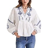 Allegra K Women's Summer V Neck Boho Mexican Embroidered Tops Peasant Blouse Lantern Sleeve Shirts Casual Tops