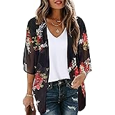 Women's Floral Print Puff Sleeve Kimono Cardigan Loose Cover Up Casual Blouse Tops