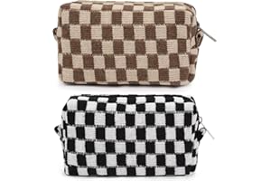 SOIDRAM 2 Pieces Checkered Cosmetic Travel Bags - Cute Makeup Pouch Organizers With Brush Storage for Women