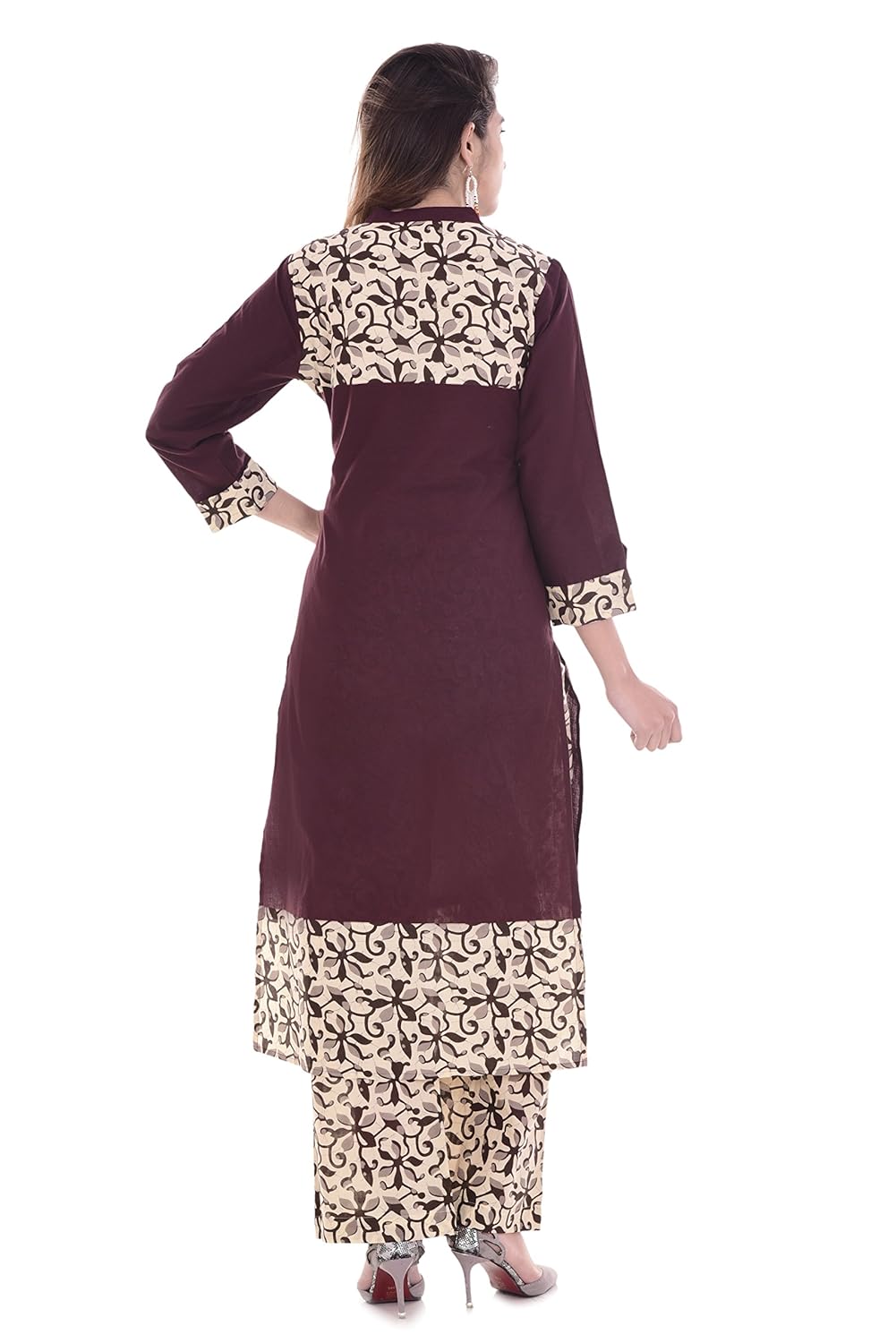palakh women's cotton brown pocket kurti with beige printed palazzo