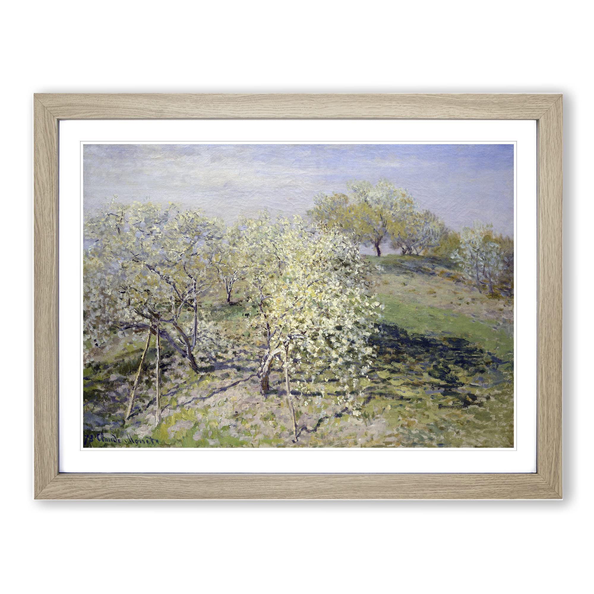 Spring Fruit Trees In Bloom By Claude Monet Classic Painting Framed Wall Art Print, Ready to Hang Picture for Living Room Bedroom Home Office Décor, Oak A4 (34 x 25 cm)