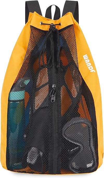 WANDF Swim Bag Mesh Drawstring Backpack Orange Beach Gym Gear