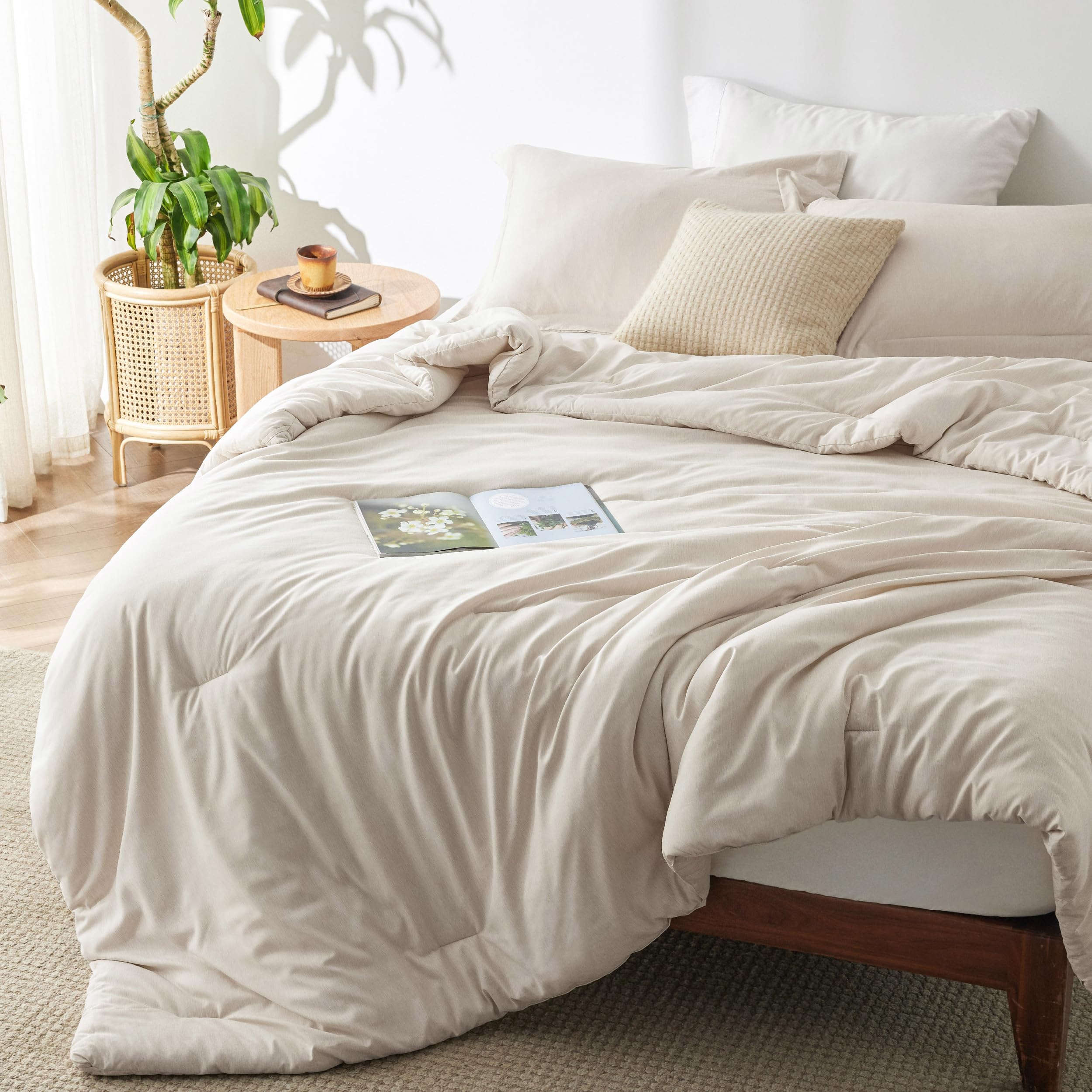 Photo 1 of Bedsure Oversized King Comforter Set - Beige Soft Bedding for All Seasons, Cationic Dyed Bed Set, 3 Pieces, 1 Oversized King Size Comforter (120"x98") and 2 Pillow Shams (20"x36"+2")