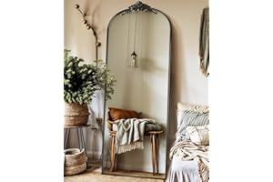 Antok Arched Full Length Mirror, 64"×21" Floor Mirror Freestanding with Carved Metal Frame, Traditional Vintage Ornate Baroque Mirror, Full Body Mirror for HomeDecor, Hanging Mounted Mirror, Black