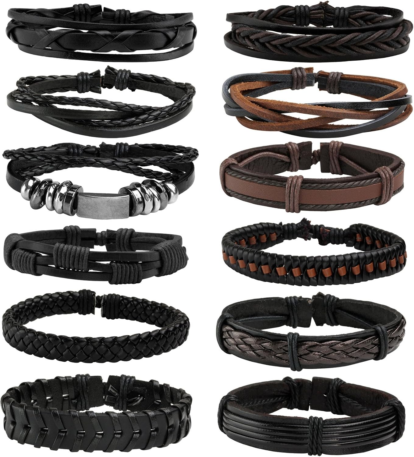 MILAKOO Punk Goth Braided Leather Bracelet for Men Women Woven Retro Wristband Cuff Rock Accessory, A:12 Pcs Set, 24.1 cm