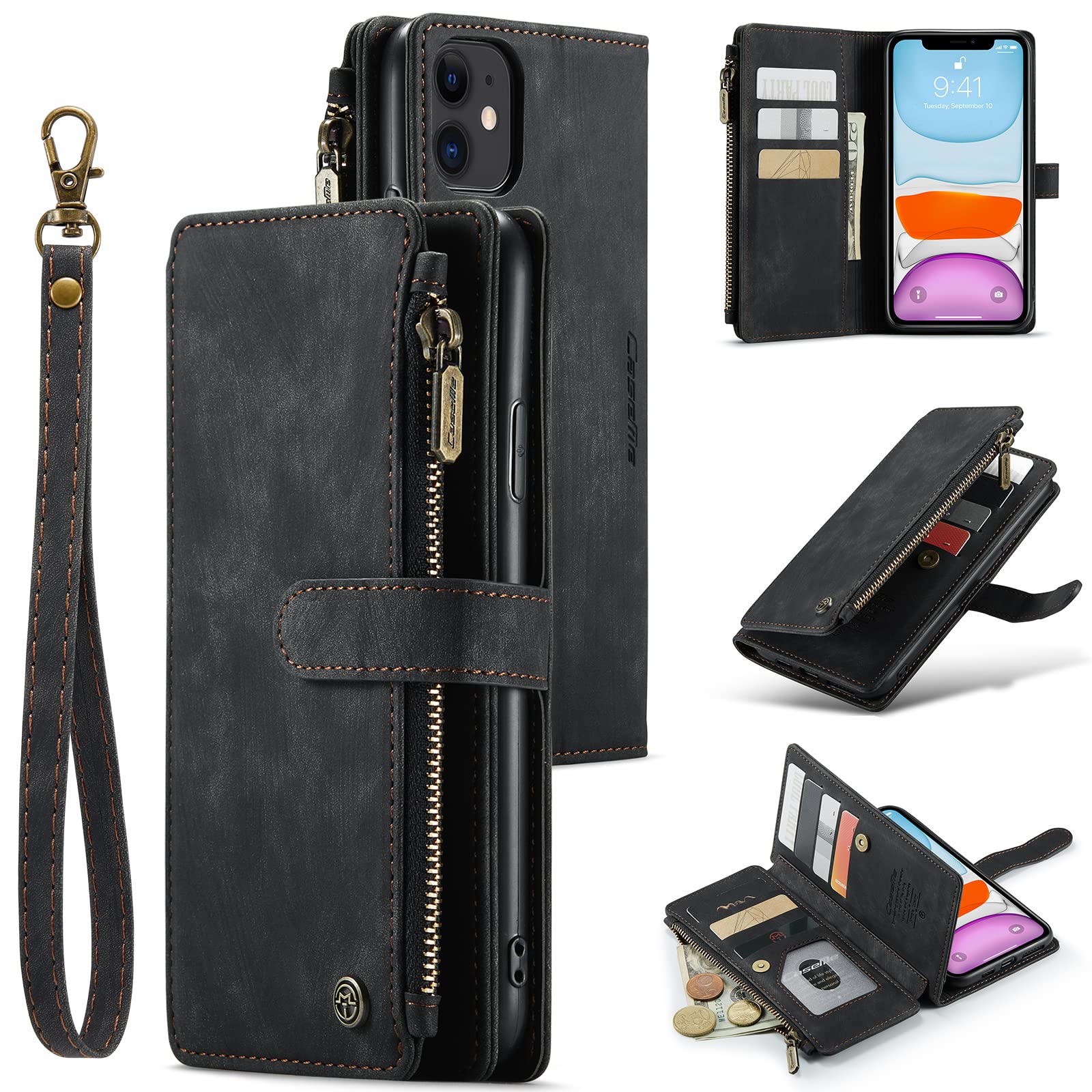 UEEBAI Wallet Case for iPhone 11 6.1 inch, Premium Handmade PU Leather Phone Case Card Slots Magnetic Closure Zipper Pocket Kickstand Flip Case with Hand Strap - Vintage Black