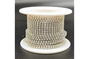 Towenm 1 Roll 10 Yards Rhinestone Chain, 2mm Crystal Rhinestones Close Chain Roll, Sew on Crystal Rhinstone Chain Trim, Crystal Claw Cup Chain (Silver Base + Clear Rhinestones, SS6 / 2mm)