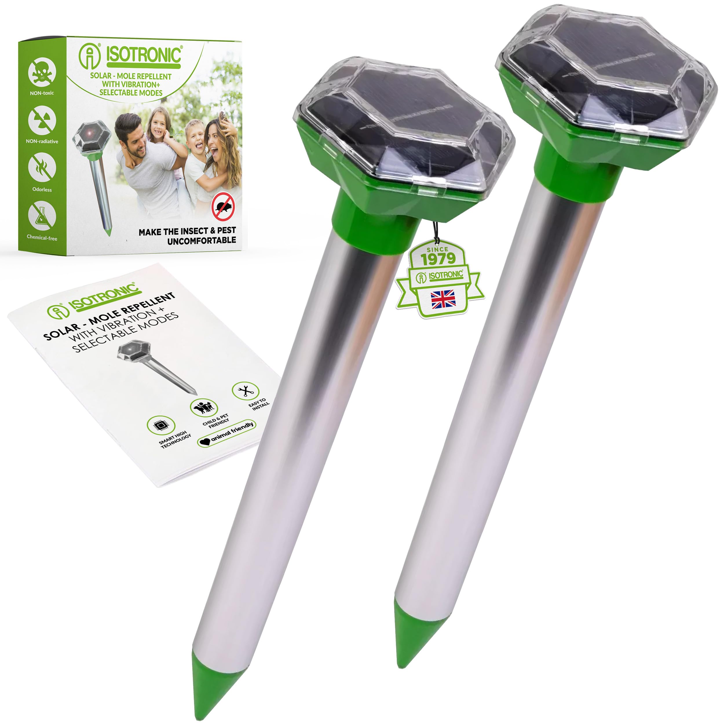 ISOTRONIC® Solar Mole Scarer, 2 pieces mole remover repellent to avoid voles in garden deterrent with vibration and ultrasonic