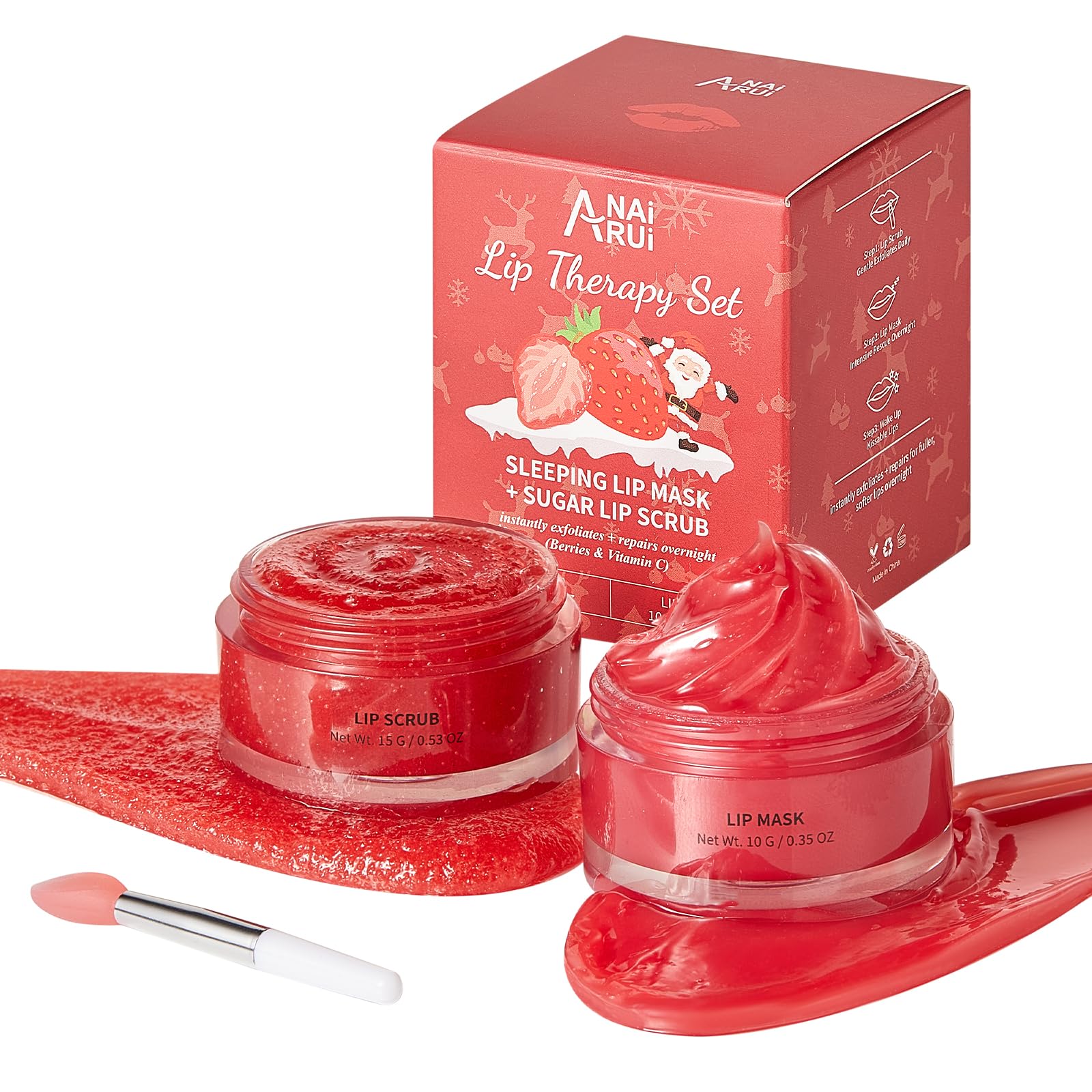 ANAiRUi Christmas New Years Gifts Lip Treatment Gift Set, Berries + VC Lip Scrub and Balm Set - Natural Overnight Lip Mask & Sugar Lip Scrub Exfoliator Lip Care for Dry Cracked Chapped Lips