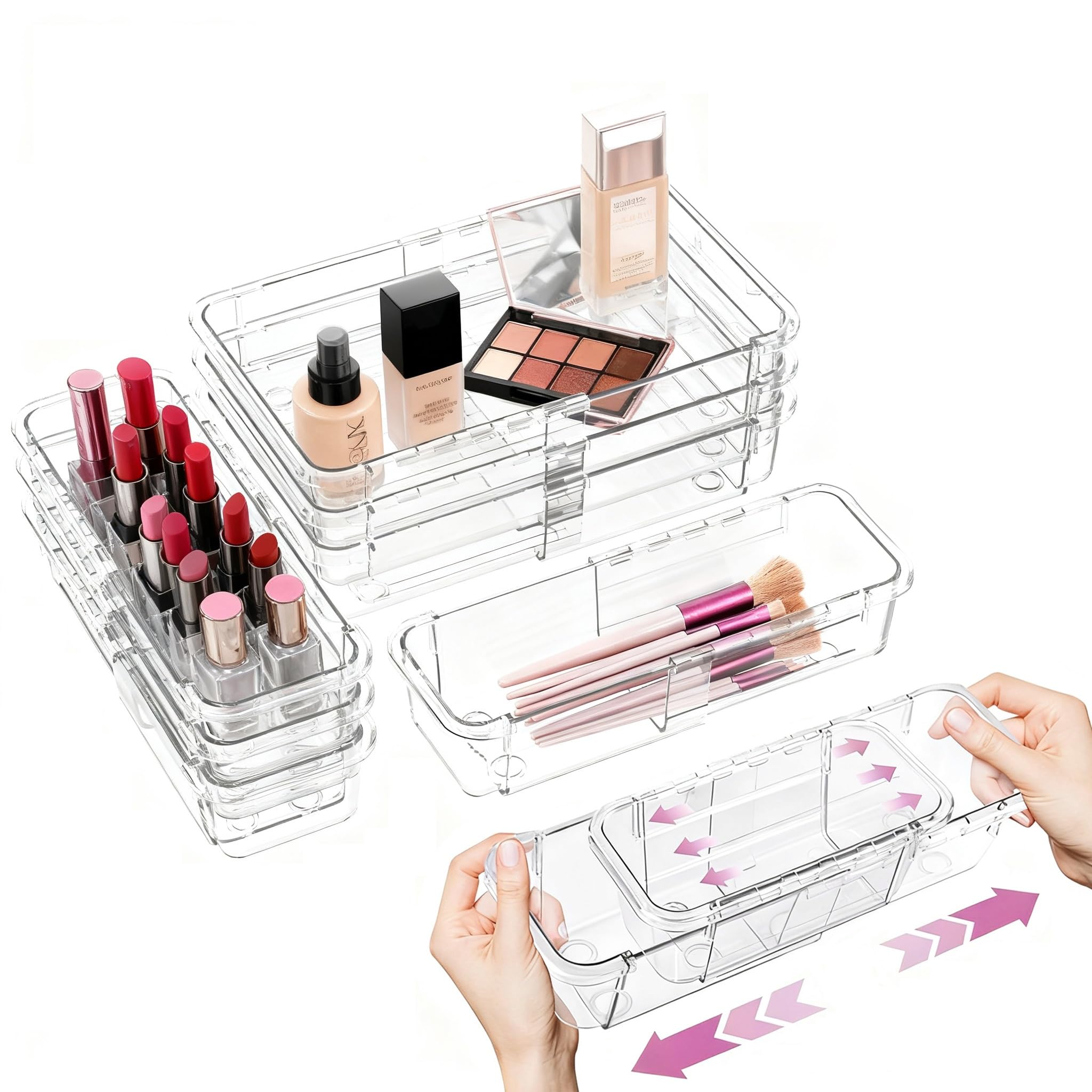 Photo 1 of 10 Pcs Extendable Clear Drawer Organizer, All Adjustable Vanity Storage Box, 2-Size Desk Drawer Organizer, Durable Storage Bins for Makeup, Cosmetic, Bedroom Dressers Tool Organizer for Gadgets