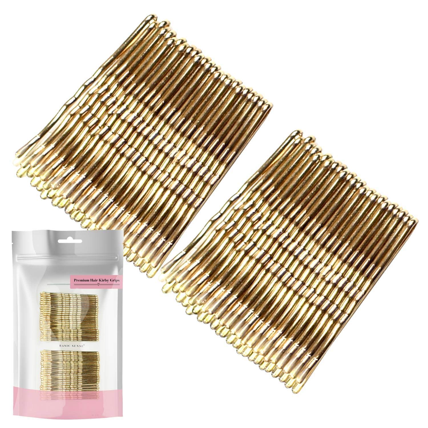 BasicSense 48 PCS Essential Strong Sturdy Wavy Kirby Metal Bobby Pins Grips Hairpins, 5cm(2 inch), Gold
