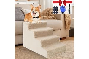 Almcmy Pet Stairs, 4 Tiers Dog Steps, Non-Slip Pet Ramp with Washable Cover, Plastic Dog Stairs for Small Dogs & Cats Climbing Couch, Sofa, Bed - Send 1 Pet Grooming Glove, 1 Lint Roller