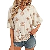 IEEILULU Summer Boho Tops for Women Casual V Neck Women Blouses Tunic Floral Print Beach Vacation Shirts