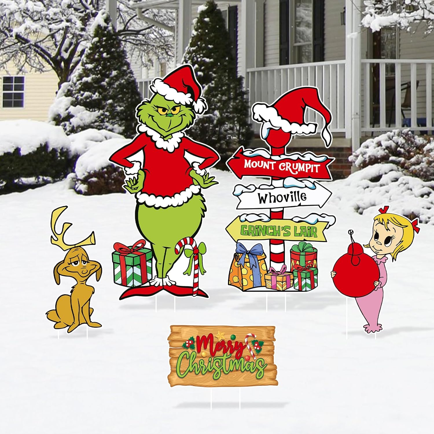 Yard Signs - Arosche Large Christmas Grinch Yard Signs with Stakes 5 Pack Merry Christmas Grinchmas Yard Signs Welcome to Whoville Decorations Outdoor for Christmas Xmas Party Supplies, Lawn, Garden Yard Decor