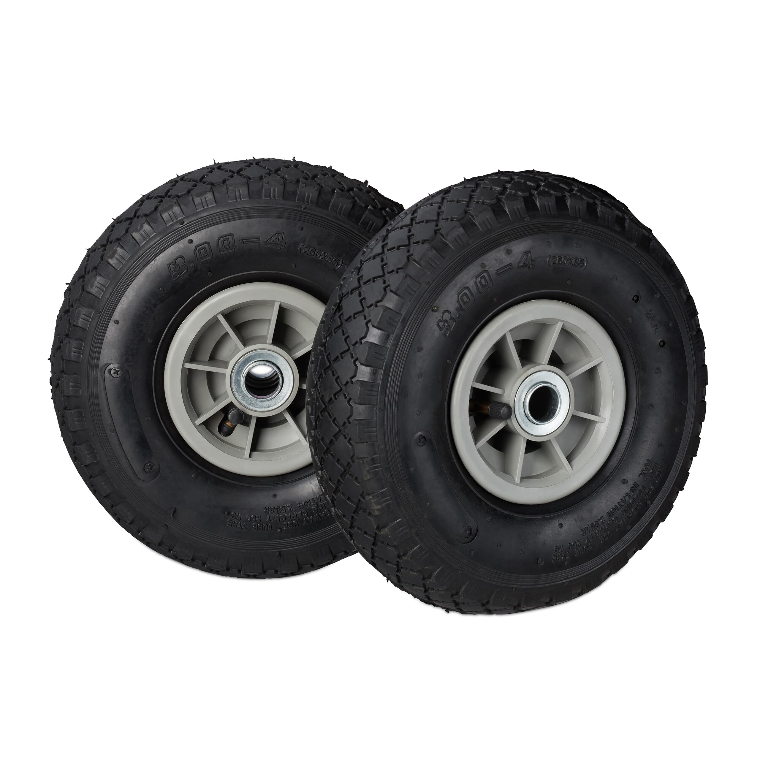 Relaxdays 3.00-4 Hand Truck Spare Tyre Set of 2, Pneumatic, Up to 80 kg, Plastic Rims, 260x85 mm, Black/Grey
